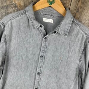 AllSaints Gleason LS Shirt Mens Large Grey Cotton Ramskull Button Down MR008U